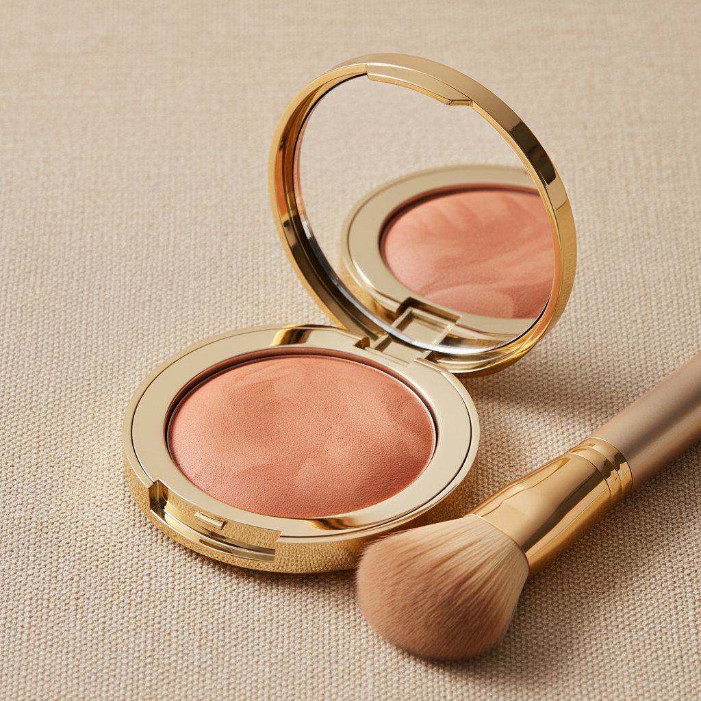 Terracotta Peach baked blush compact open with gold brush on beige fabric