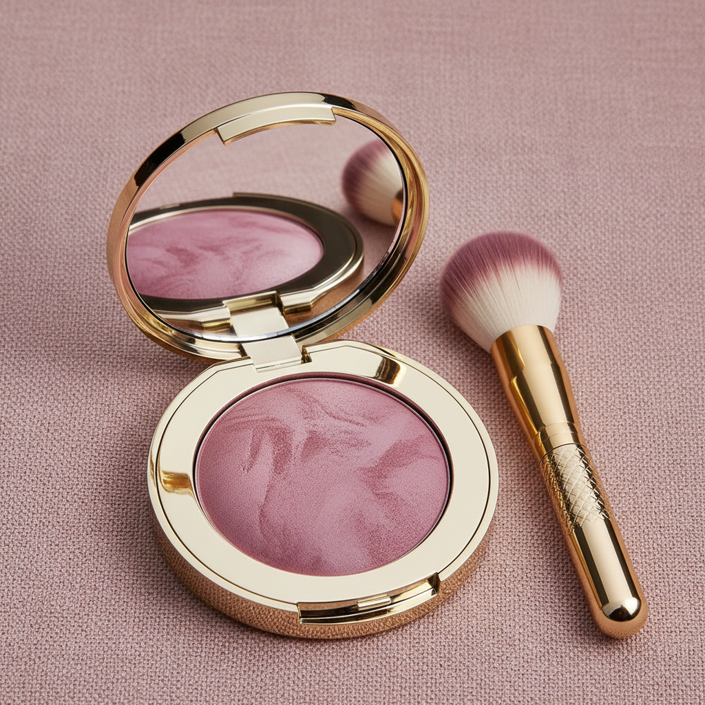 Mauve Berry baked blush compact open with gold brush on dusty rose fabric