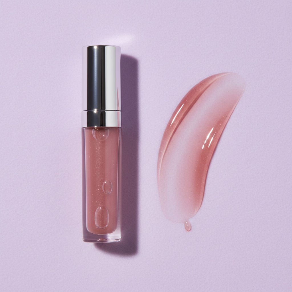 Mauve Rose Lip Gloss with swatch on lavender background